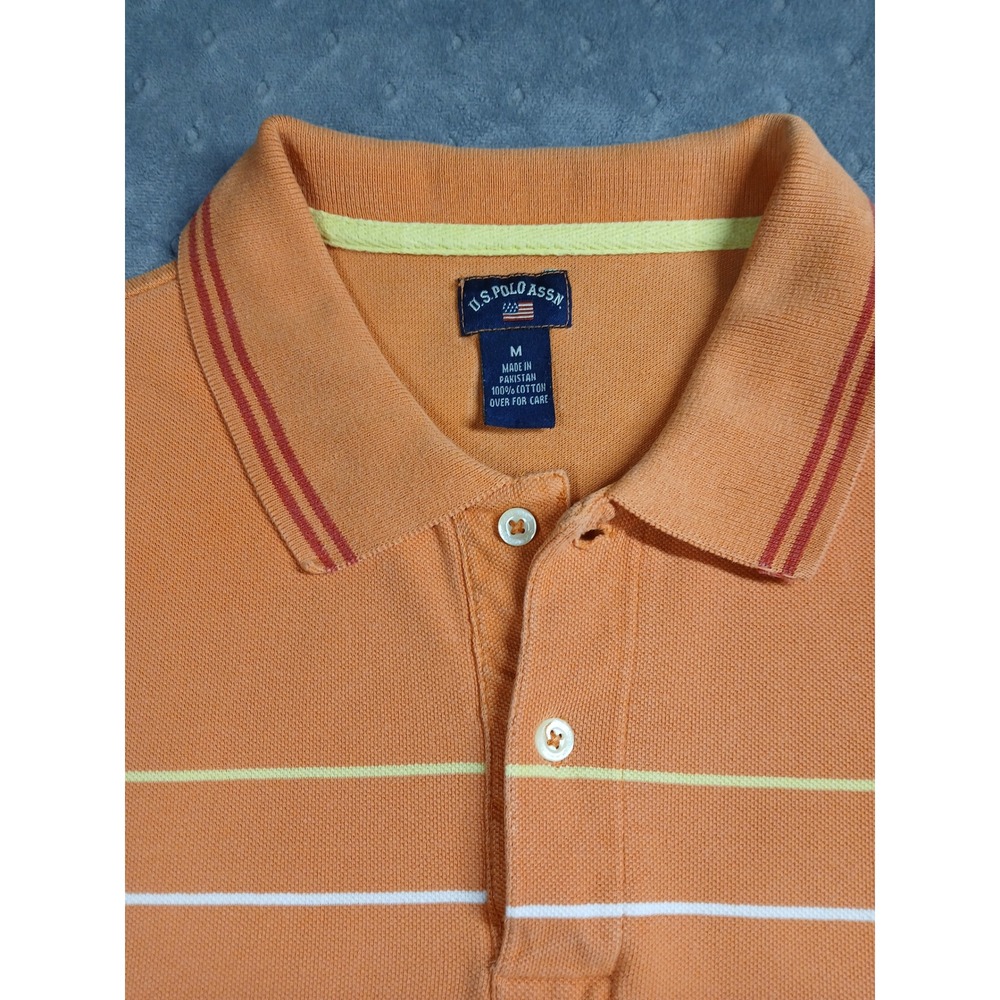 US Polo Assn Mens Orange Striped Pique Polo Shirt Short Sleeve Size M Cotton - Picture 2 of 6